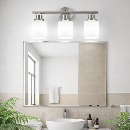 Unicozin 3 Light Bathroom Light Fixtures, Modern Vanity Lights with Milky Glass Shade, Brushed Nickel Wall Lamp Over Mirror for Bathroom, Living Room, Cabinet, Bedroom, E26 Base