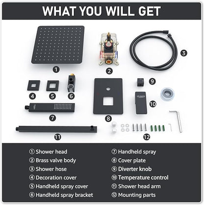 Iriber Shower Set with 12 Inch High Pressure Rain Shower Head and Handheld and Shower Faucet Mixer Valve Modern Shower System Including Pressure Balance Valve Shower Trim Kit for Bathroom,Matte Black