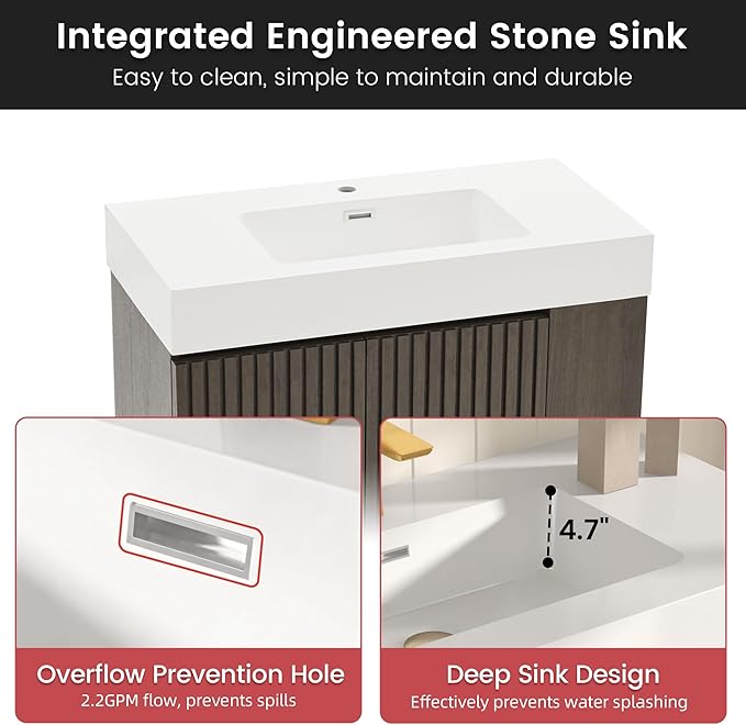 36" Bathroom Vanity with Sink, Freestanding Single Sink Bathroom Vanity with White Engineered Stone Top & Open Side Storage, Soft-Closing Doors with Adjustable Shelf, Smoked Oak Brown