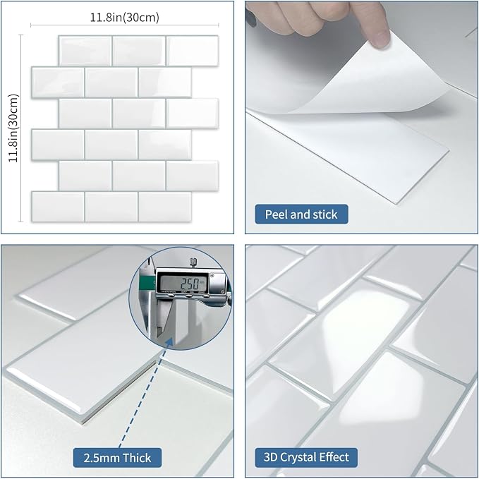 White Peel and Stick Backsplash Subway Tile for Kitchen 10 Sheet | Thick,Self Adhesive,Wall,Sticky,Brick,for Bathroom,Laundry,Sink,12"×12"