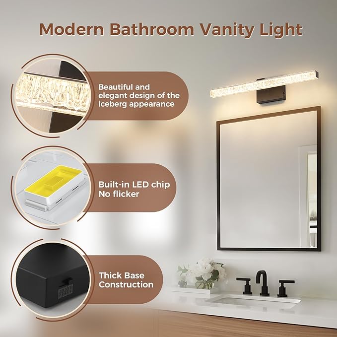 24 Inch LED Bathroom Vanity Light Fixtures, 5CCT Color Changeable Modern Wall Sconce with Iceberg Crackle Acrylic, Dimmable Matte Black Vanity Lighting for Mirror Cabinet, Makeup & Restroom