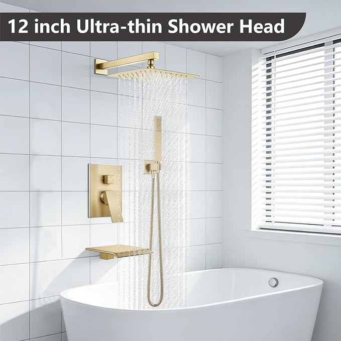 Midanya Shower System with Tub Spout,12 Inch Shower Head,Brushed Gold | with Valve & Trim Kit,Square Rain Head,Handheld Sprayer,Waterfall Spout,All Metal Wall Mount Bathroom Shower Tub Faucet Set
