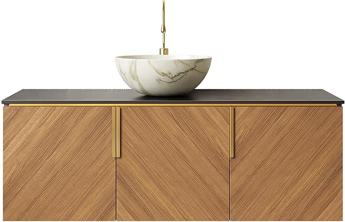 48 Inch Bathroom Vanity with Single Sink, Floating Vanity with Vessel Sink, Modern Bathroom Vanity Cabinet with 3 Doors, Sintered Stone Countertop and White Bowl Basin,Brown Oak
