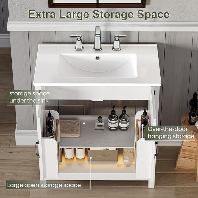 30" Bathroom Vanity with Sink, Modern Bathroom Cabinet with LED Light, Bathroom Vanity Set, Double Soft Closing Cabinet Door with Organizer, White