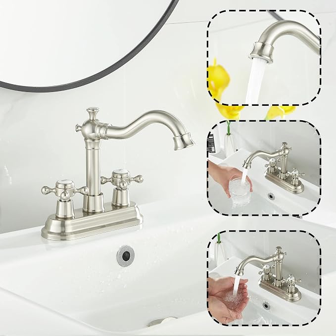 Bathroom Faucet Brushed Nickel 2 Handles 4 Inches Centerset RV Vanity With Drain Assembly and Supply Hose