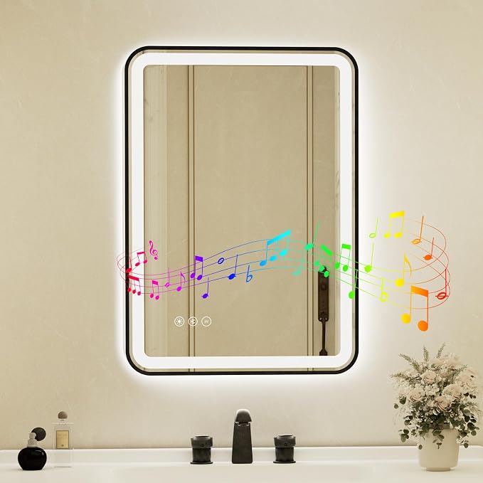 24x32 Inch Black Framed LED Bathroom Mirror with Lights, Built-in Bluetooth Speaker, Dimmable Lighted Bathroom Vanity Mirror with 3 Colors, Backlit + Frontlit, Memory, Anti-Fog
