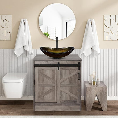 30 Inch Barn Door Bathroom Vanity, Farmhouse Style Standing Pedestal Cabinet with Gold Boat Glass Vessel Sink