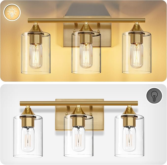 Gold Bathroom Light Fixtures,3-Light Vanity Lights,Modern Brushed Brass Gold Wall Sconce Lighting,Bathroom Wall Lamp for Mirror Bedroom Living Room Vanity Table Hallway