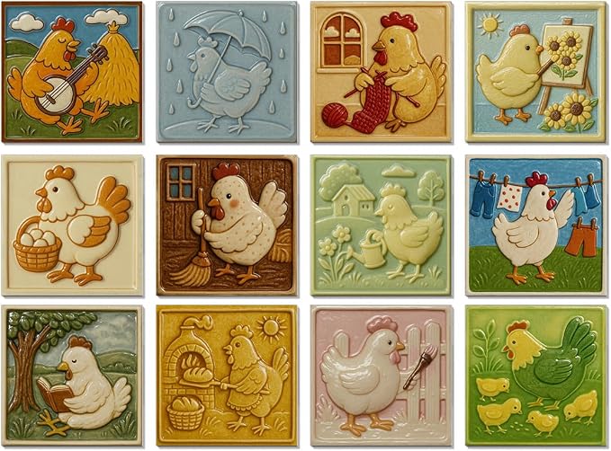 Easy Peel Stick wall Tile Stickers 6x6in Stick on backsplash Tiles,12Pcs | removable 3D tile for kitchen RV bathroom laundry backsplash decor,Ultra-high-definition printed hen pattern