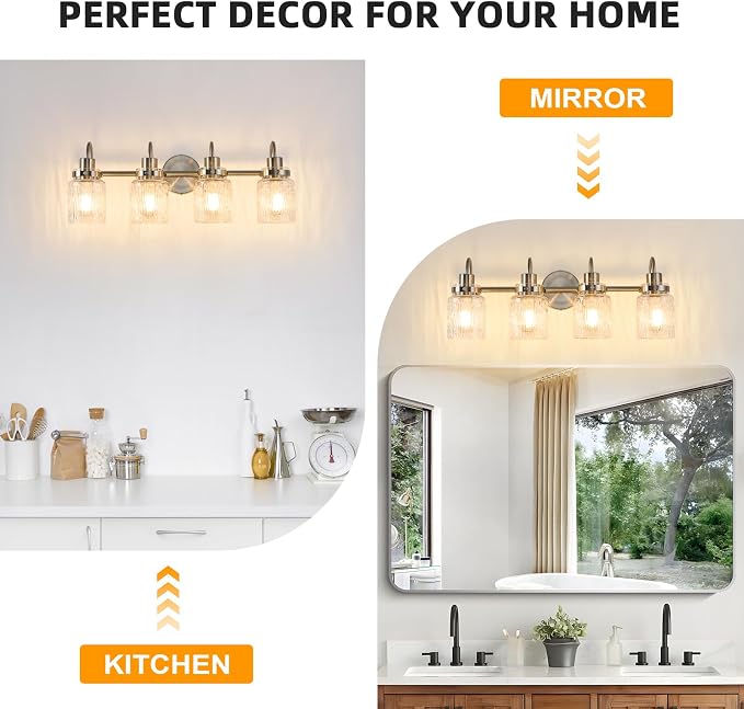 4 Lights Bathroom Vanity Light, Brushed Nickel Bathroom Light Fixtures with Hammered Glass Lampshade for Dressing Table,Over Mirror,Hallway