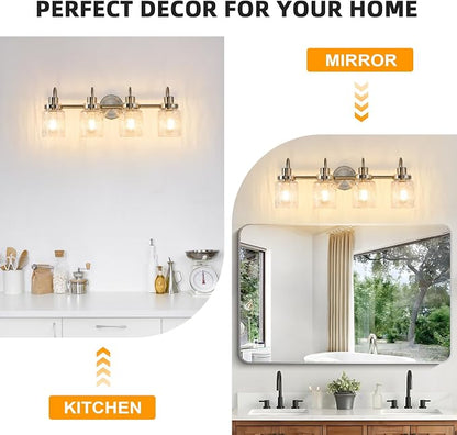 4 Lights Bathroom Vanity Light, Brushed Nickel Bathroom Light Fixtures with Hammered Glass Lampshade for Dressing Table,Over Mirror,Hallway
