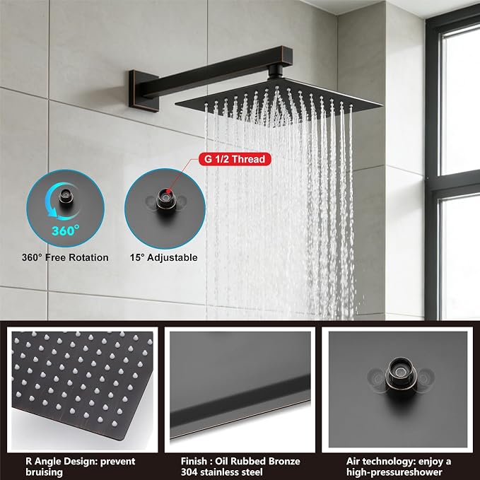Midanya Shower System with Tub Spout,10 Inch Shower Head,Oil Rubbed Bronze | with Valve & Trim Kit,Square Rain Head,Handheld Sprayer,Waterfall Spout,All Metal Wall Mount Bathroom Shower Tub Faucet Set