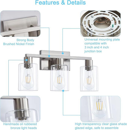 3-Light Vanity Lights,Brushed Nickel Vanity Light,with Clear Glass Shade for Bathroom Light Fixtures, Bathroom Light Fixtures Over Mirror