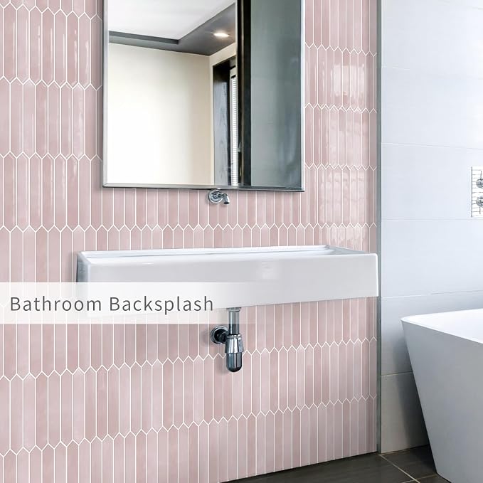 10 Sheets Long Hexagon Tile Peel and Stick Backsplash | Self-Adhesive Wall Tiles Stick on Back Splash for Kitchen, Bathroom, Fireplace,RV(Pink,12"×12")