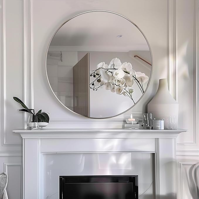 Round Mirror 28 inch,Circle Wall Mirror, Brushed Nickel Metal Frame | High Definition Mirror, Rust-resistant, Easy Installation, Circular Mirrors for Living room Bedroom, Entrance, Restroom