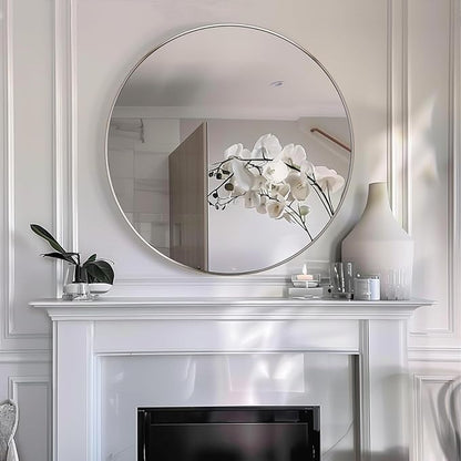 Round Mirror 28 inch,Circle Wall Mirror, Brushed Nickel Metal Frame | High Definition Mirror, Rust-resistant, Easy Installation, Circular Mirrors for Living room Bedroom, Entrance, Restroom