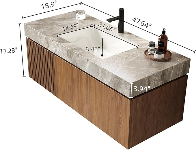 48 Inch Floating Bathroom Vanity with Sink, Wall-Mounted Farmhouse Bathroom Vanity with Drawer and Doors, Light Gray Sintered Stone Countertop and Ceramic Basin, Pre-Assembled,Brown Oak