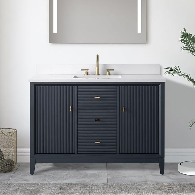Vanity Art 48" Bathroom Vanity with Single Sink & Arabescato White Engineered Stone Top, Soft Closing Door, Solid Wood Frame, Golden Brushed Handles, Vintage Spruce Blue VA8148-VSB-GB
