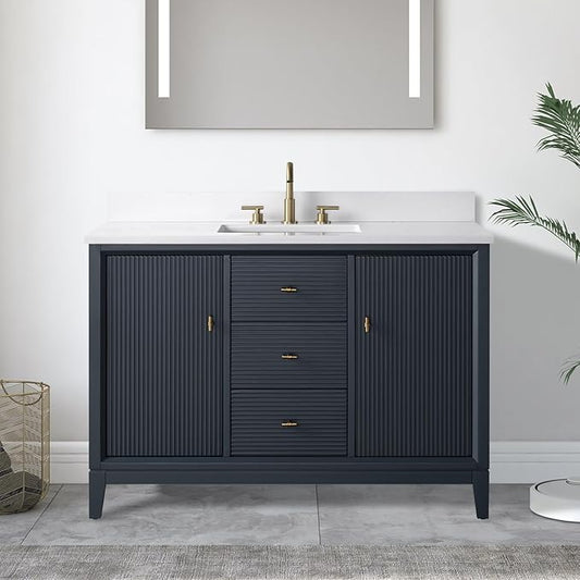 Vanity Art 48" Bathroom Vanity with Single Sink & Arabescato White Engineered Stone Top, Soft Closing Door, Solid Wood Frame, Golden Brushed Handles, Vintage Spruce Blue VA8148-VSB-GB