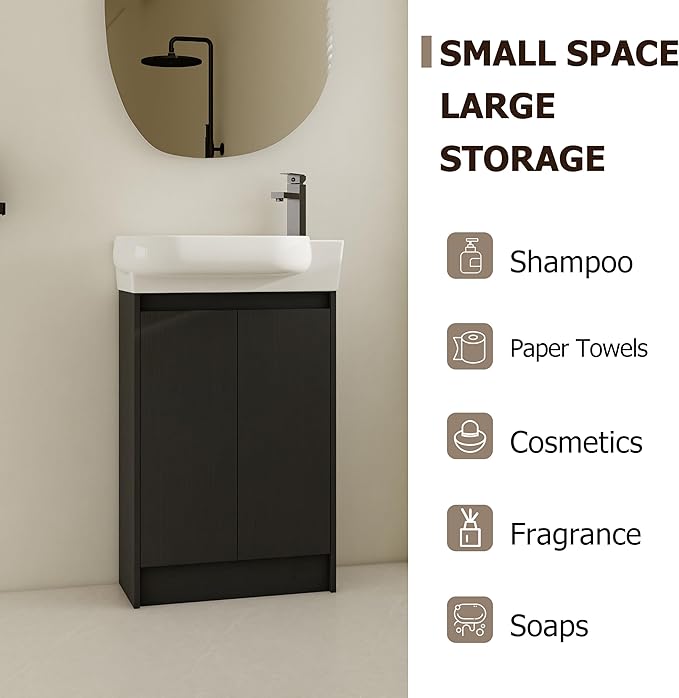 23" Freestanding Bathroom Vanity with Sink Set for Small Space, Soft Close Doors Round Ceramic Sink Bathroom Cabinet, Black Vanity and Sink Combo for Bathroom, Floor Mount Small Bathroom Vanities