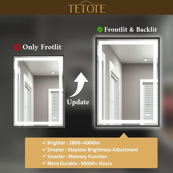 Led Bathroom Mirror 30 x 30 with Brushed Black Frame Anti-Fog Frontlit & Backlit Vanity Mirror Stepless Dimmable Lighted Mirrors for Bathroom Wall 3 Colors White/Warm/Natural Wall-Mounted