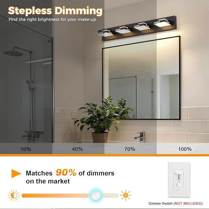 4-Light 5CCT Modern Bathroom Vanity Light Fixtures, 30-Inch 350° Rotatable LED Vanity Lights Over Mirror, Dimmable Matte Black Wall Sconce with Frosted Acrylic Shade