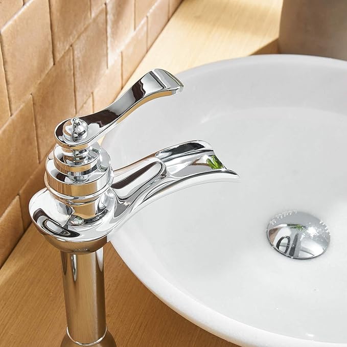 BWE Chrome Vessel Sink Faucet Waterfall with Pop Up Drain Assembly and Supply Hose Single-Handle Single Hole Bathroom Faucet Lavatory Mixer Tap Tall Body