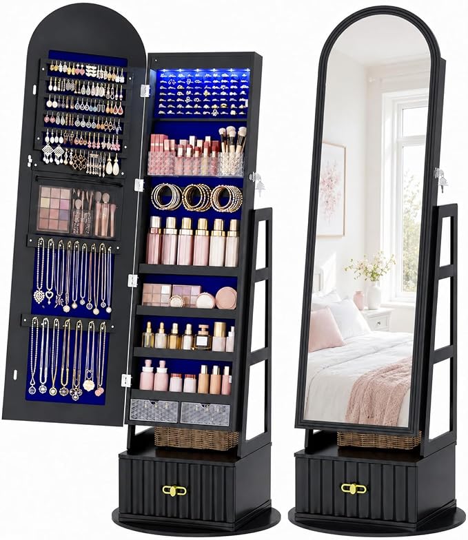 Vlsrka Arched LED Mirror Jewelry Cabinet with Full Length Mirror, Black | Lockable Jewelry Armoire Cabinet, 360° Swivel Jewelry Organizer with Drawer Storage, Foldable Makeup Shelf, 2 Rear Hooks