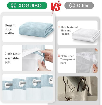 Aqua No Hook Shower Curtain and Liner Set,Hotel Waffle Shower Curtain with Liner 75" L x 72" W