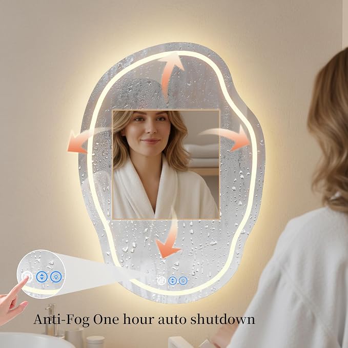 Irregular Wall Mirror 25 x 35 Inch, Lighted Mirrors for Bathroom Wall, Asymmetrical LED Mirror for Bathroom with Anit-Fog, Dimmable, Memory Function (Horizontal/Vertical)
