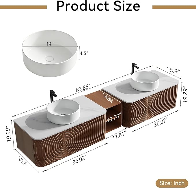 84" Floating Bathroom Vanity with Double Sink, Mid-Century Wall Mounted Bathroom Vanity Cabinet with Wood Waved Decor, Ceramic Vessel Basin, Sintered Stone Top, Soft Close Drawer, Side Open Cube