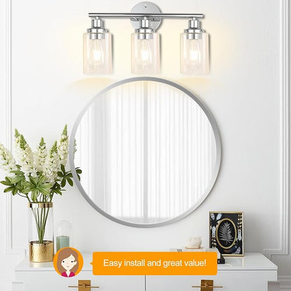 Bathroom Light Fixtures Chrome Vanity Light Silver 3 Light Modern | Wall Sconces Lighting Bathroom with Clear Glass Shades Bath Wall Lights Wall Lamp for Mirror, Kitchen Living Room Hallway
