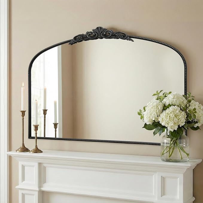 Micasso Large Vintage Black Mirror: 48"x33" Baroque Antique Wall Mirror | Traditional Ornate French Decorative Arched Mirror for Bedroom/Bathroom/Fireplace/Entryway/Hallway/Living Room/Dining Room