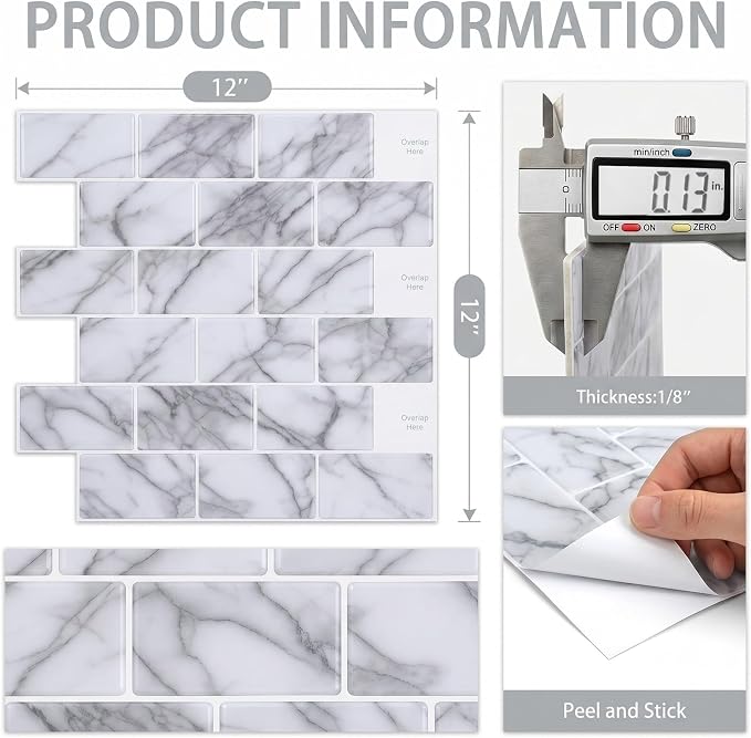 Arttown Peel and Stick 3D Wall Backsplash 10-Sheet, 12" × 12" Marble White | Subway Tile Self Adhesive Thicker Design Wall Tiles Panel Wallpaper for Kitchen Balcony Bathroom Rental Housing