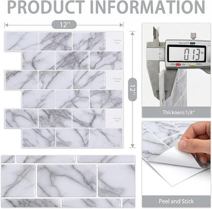 Arttown Peel and Stick 3D Wall Backsplash 10-Sheet, 12" × 12" Marble White | Subway Tile Self Adhesive Thicker Design Wall Tiles Panel Wallpaper for Kitchen Balcony Bathroom Rental Housing