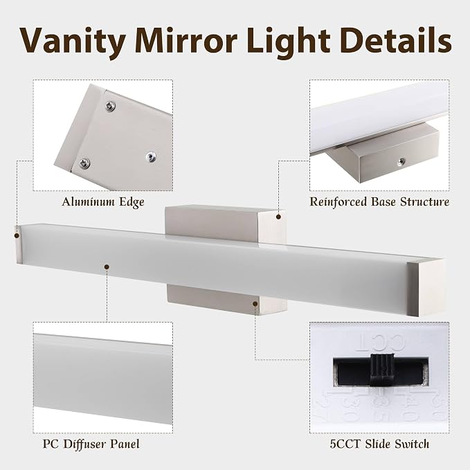 22IN 5CCT Dimmable Vanity Light for Bathroom, Modern Wall Fixture Over Mirror