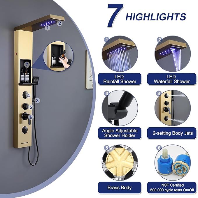 ROVATE LED Rainfall Waterfall Shower Panel Tower System with Shelf, Brushed Gold Shower Column Stainless Steel with Powerful Mist and Massage Body Jets, Handheld, Waterfall Tub Spout
