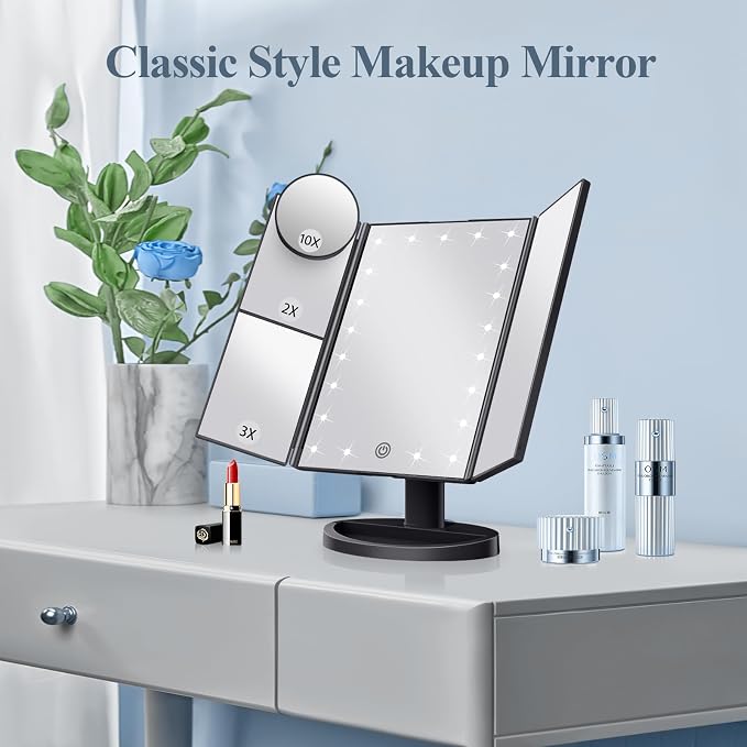 HUONUL 2X/3X/10X Magnifying Vanity Mirror with Light, Trifold Makeup Mirror | Touch Dimming, Dual Power, Clear View for Makeup, Skincare. Dorm Room Essentials. Birthday Gifts for Women, Mom, Wife, Girls