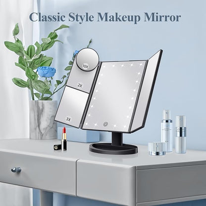 HUONUL 2X/3X/10X Magnifying Vanity Mirror with Light, Trifold Makeup Mirror | Touch Dimming, Dual Power, Clear View for Makeup, Skincare. Dorm Room Essentials. Birthday Gifts for Women, Mom, Wife, Girls