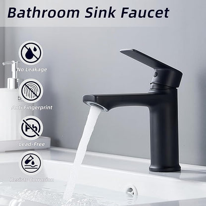 BELZ Bathroom Faucet Matte Black, Tool-Free Modern Single Handle Sink Faucet, Anti-Peeling Single Hole Vanity Faucet, Pre-Installed 24" Lines, Faucet Only