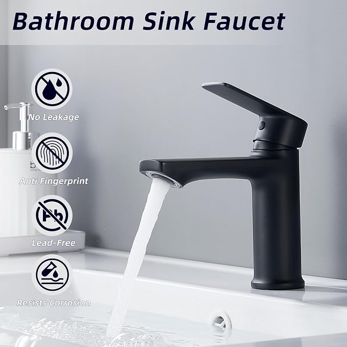 BELZ Black Bathroom Faucet 2 Sets, Lead-Free Single Hole Vanity Sink Faucet | NSF372 Certified, Anti-peeling PVD Black Finish, Water-saving & Anti-splash, Single Handle Modern Design with Hot/Cold Hoses