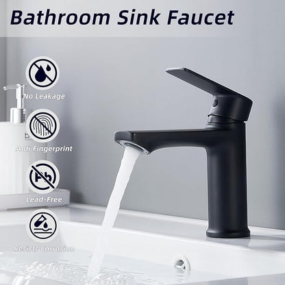 BELZ Black Bathroom Faucet 2 Sets, Lead-Free Single Hole Vanity Sink Faucet | NSF372 Certified, Anti-peeling PVD Black Finish, Water-saving & Anti-splash, Single Handle Modern Design with Hot/Cold Hoses