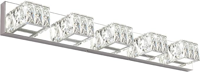 5 Lights Bathroom Vanity Light - Crystal Modern Bathroom Light Fixtures - 30W Dimmable Vanity LED Lights for Restroom - Chrome Bath Light bar Cool White Light