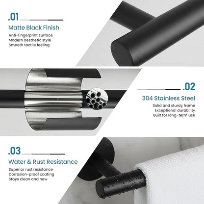 Towel Bar, 24 Inch Towel Racks for Bathroom Wall Mounted, SUS304 Stainless Steel Bathroom Towel Holder, Modern Home Decor Towel Rod and Kitchen Towel Shelf (Matte Black)
