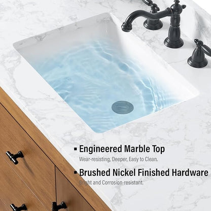 Vanity Art 48 inch Bathroom Vanity with Single Sink, Modern Wood Bath Vanity with Carrara Marble Top, Vanity Cabinet with Doors， Removable Shelf, Solid Wood Frame, Ceramic Sink, Tan, VA7048E