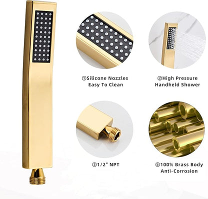 Handheld Shower Head，High Pressure Brushed Gold Shower Head,Water Saving Detachable Shower Wand with Solid Brass Body and 5 ft Flexible Hose, Easy to Clean and Durable