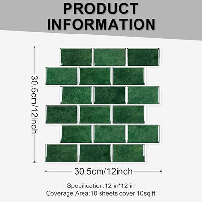 10 Sheets Thicker Design Peel and Stick Backsplash for Kitchen and Bathroom, 12"x12", Green