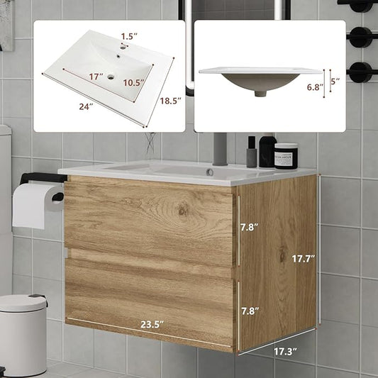 Wall-Mounted Bathroom Vanity with Sink and 2 Soft-Close Drawers – Moisture-Resistant MDF, Space-Saving Design for Modern Bathrooms (Nature with Sink, 24)
