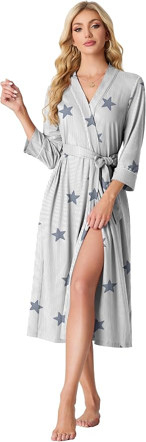 PrinStory Robes for Women 3/4 Sleeve Long Bath Robe XS-4XL | V-Neck Knit Bathrobe with Pockets, Lightweight, Soft, Breathable Robes for Shower, Spa, Travel, Home, Party, Nursing