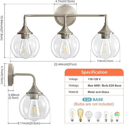 Bathroom Light Fixtures 3 Light Bathroom Vanity Light with Clear Glass Shade, 22 inch Vanity Lighting Fixtures Over Mirror, Vanity Lights Fixture (Exclude E26 Bulb) - Brushed Nickel